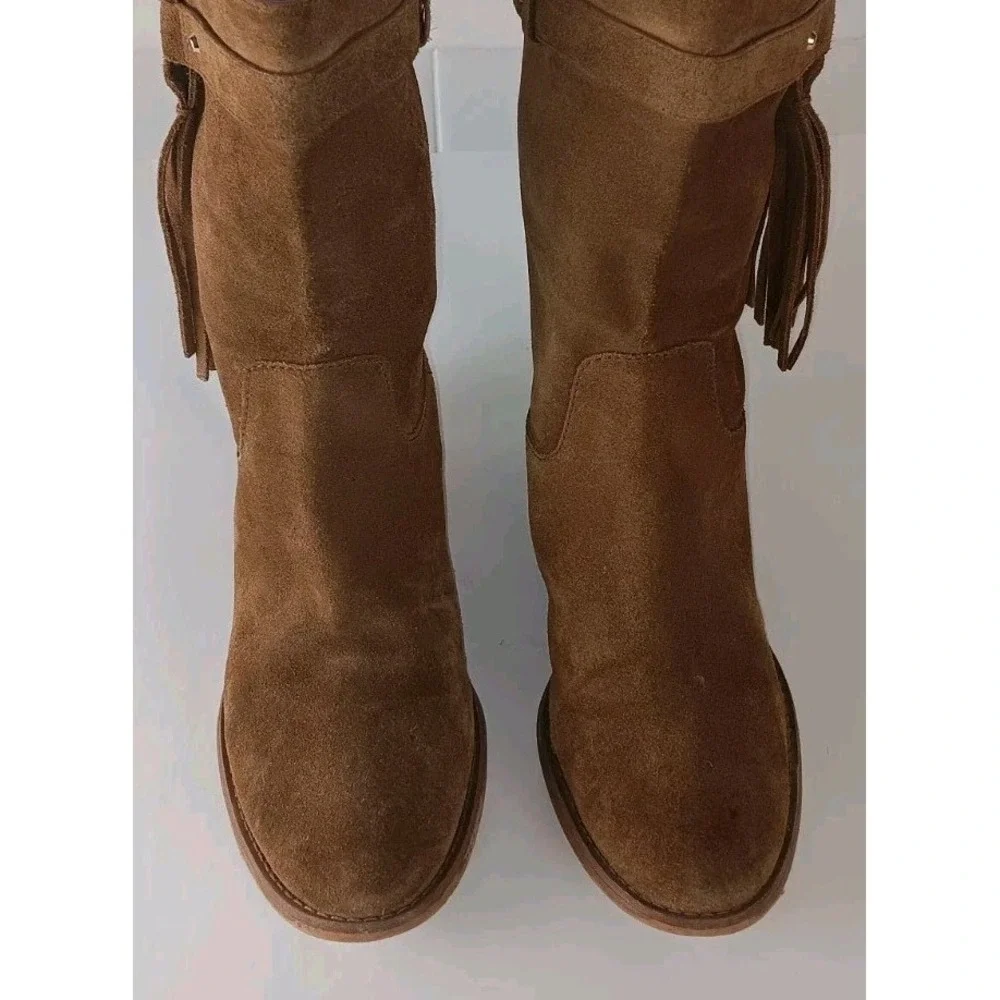 Michael Kors Rhea  Brown Suede Mid Calf Fringe Boots Shoes Tassel 8M